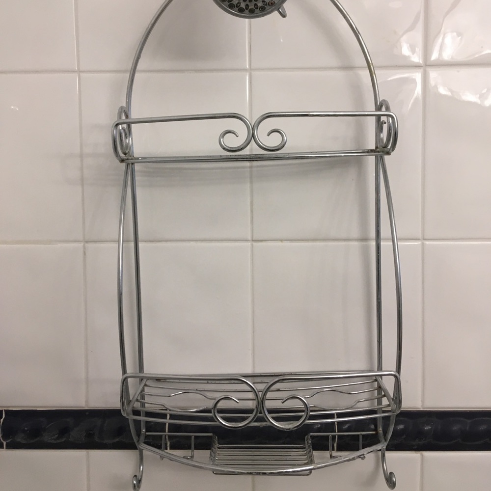 Silver over shower hanging caddy with soap dish and hooks